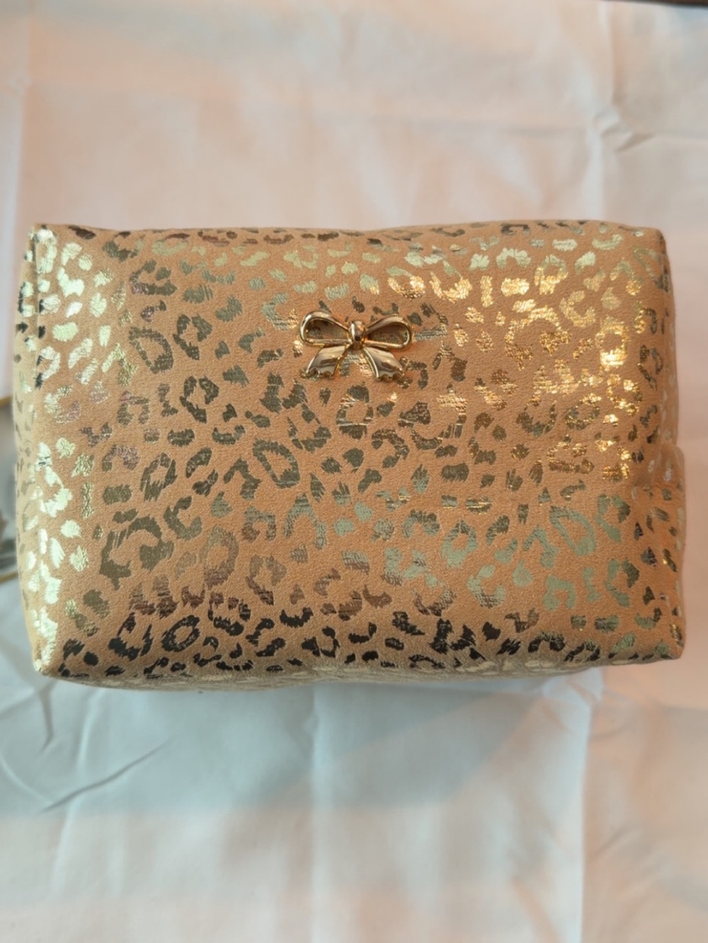 Gold Leopard Print Cosmetic Pouch with Bow Accent